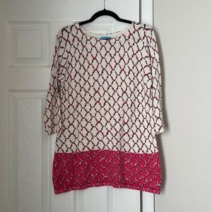 J. McLaughlin Tunic Size Large L White Pink 3/4 Sleeves Cotton Excellent